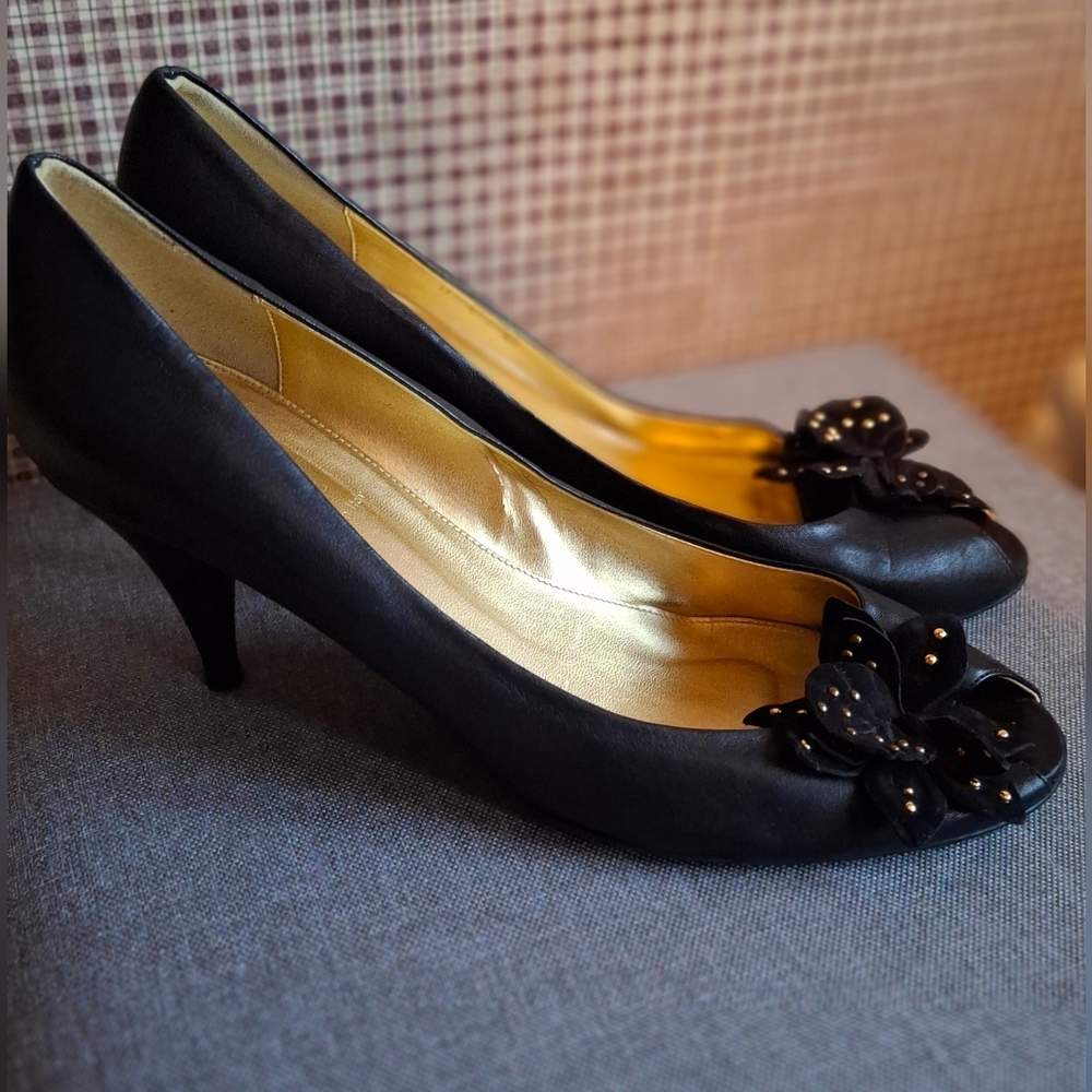 J. Crew Black Peep Toe Heels with Floral Detail, Size 11, EUC
